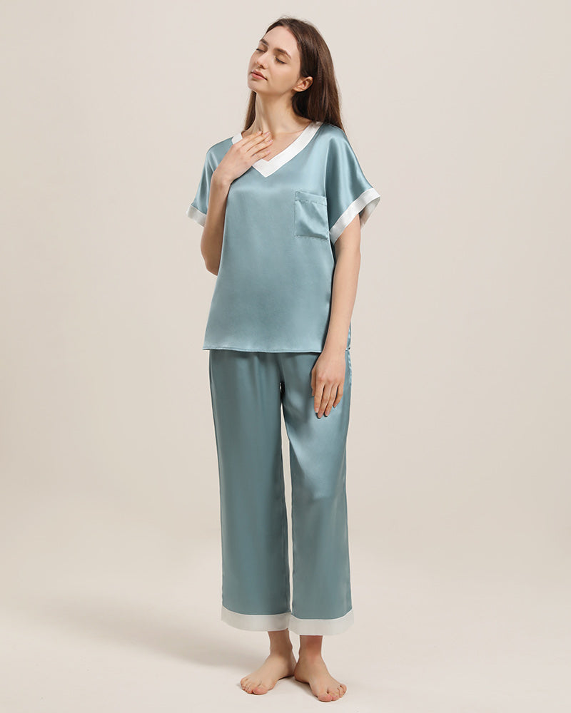 V Neck Pullover Silk Pajama Set