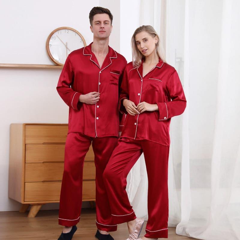 Classic Couple Matching Silk Pajamas Set, Burgundy