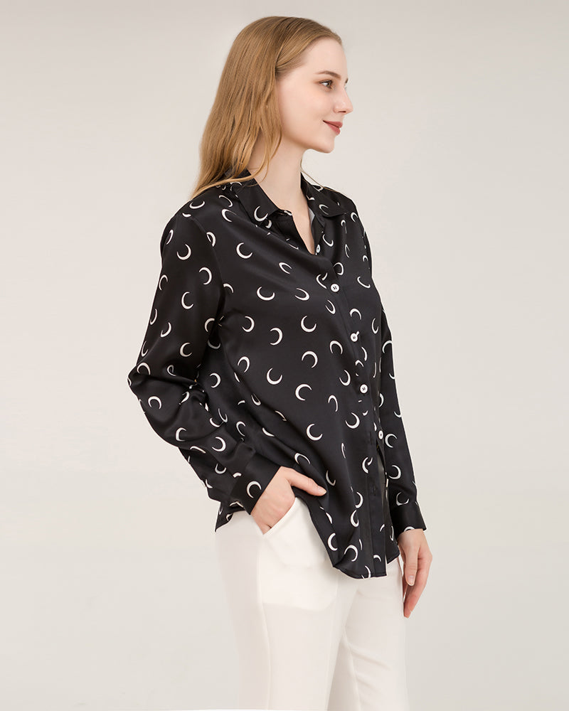 Crescent Moon Print Silk Blouse Shirts