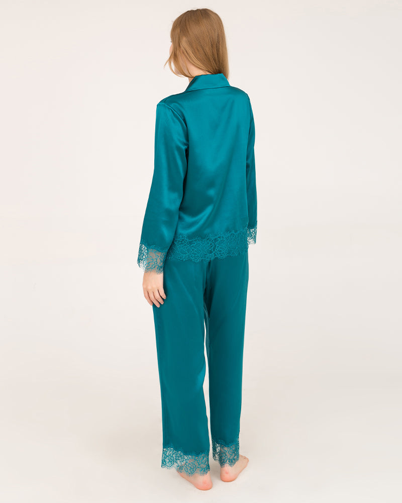 Elegant Lace Trim Silk Pajamas Set