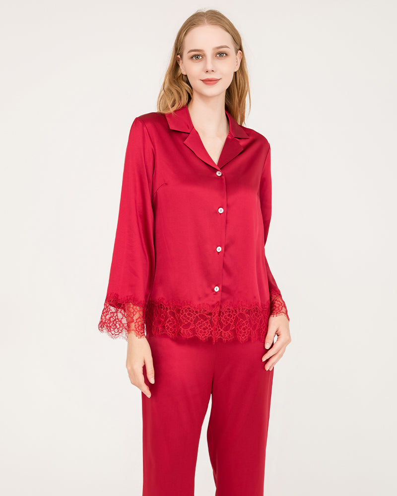 Elegant Lace Trim Silk Pajamas Set