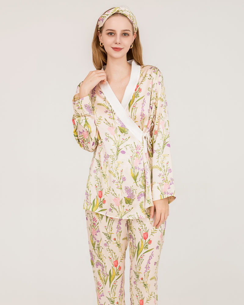 Floral Print Wrap Silk Pajama Set