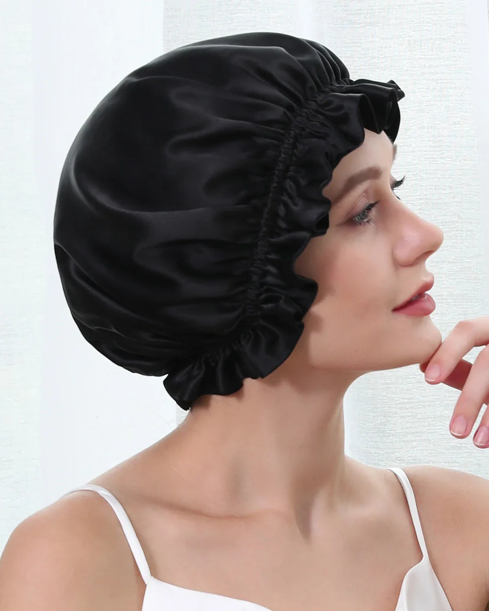 Flounced Silk Night Sleep Caps, Black
