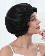 Flounced Silk Night Sleep Caps, Black