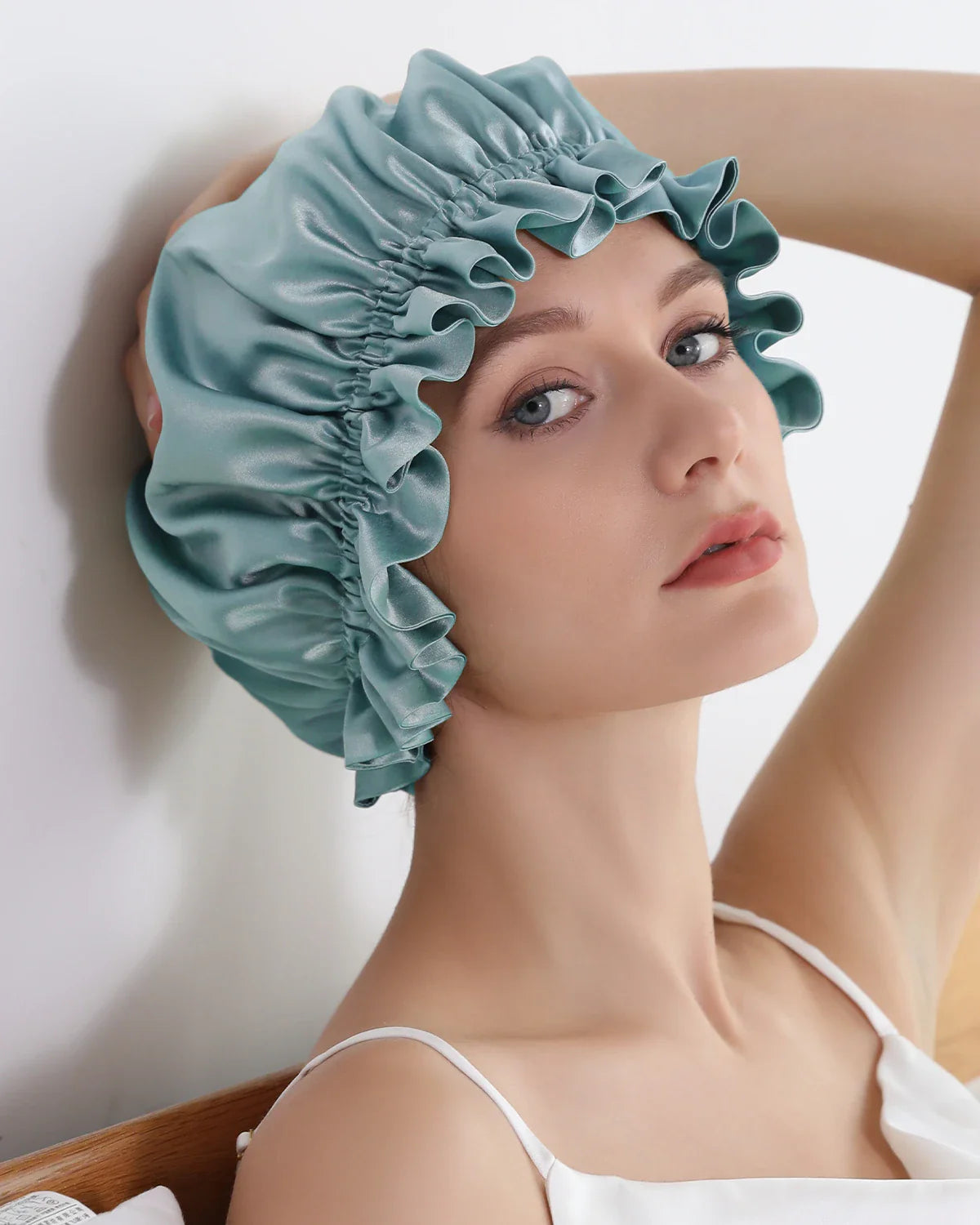 Flounced Silk Night Sleep Caps, Haze Blue