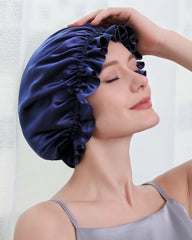 Flounced Silk Night Sleep Caps, Navy