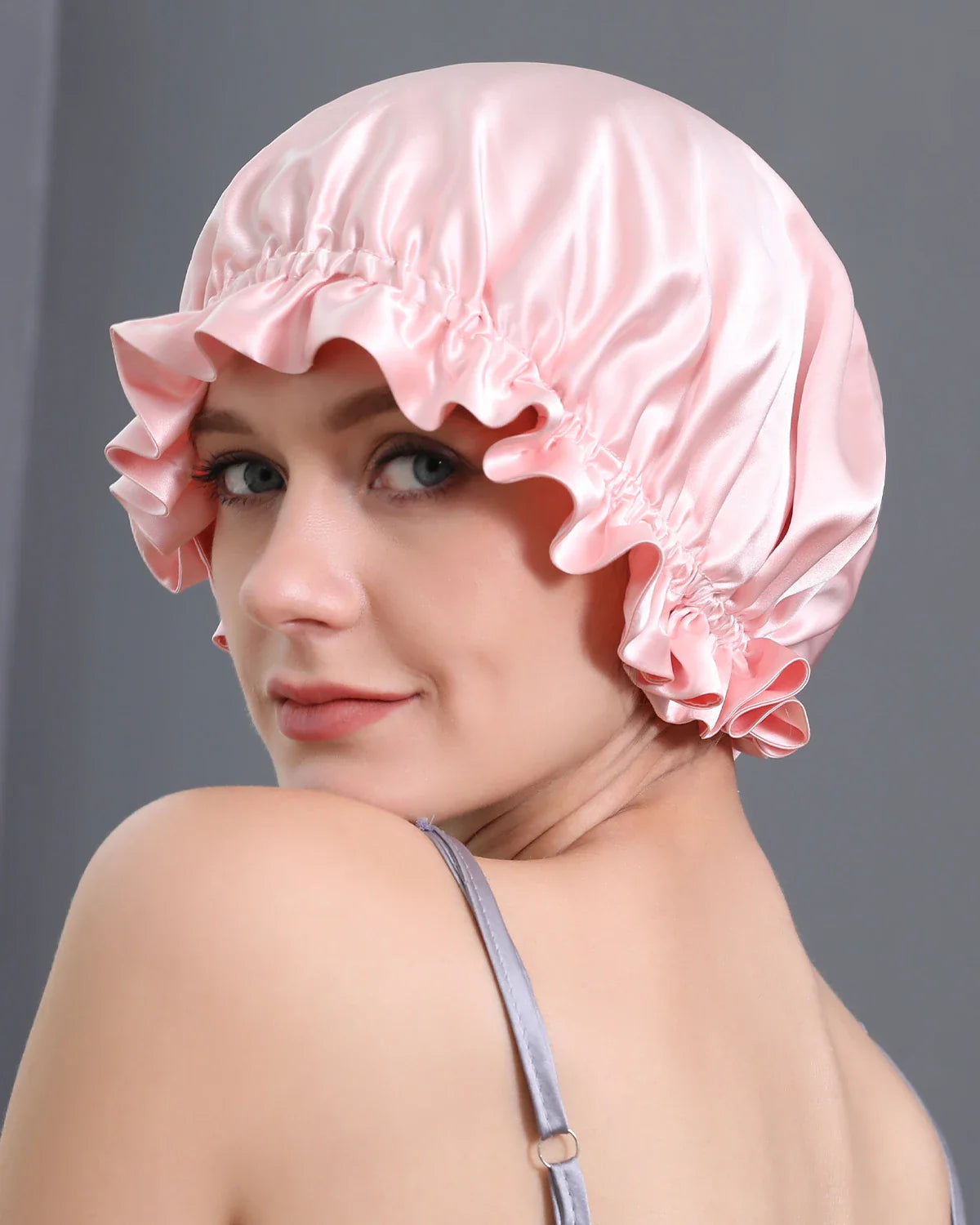 Flounced Silk Night Sleep Caps, Pink