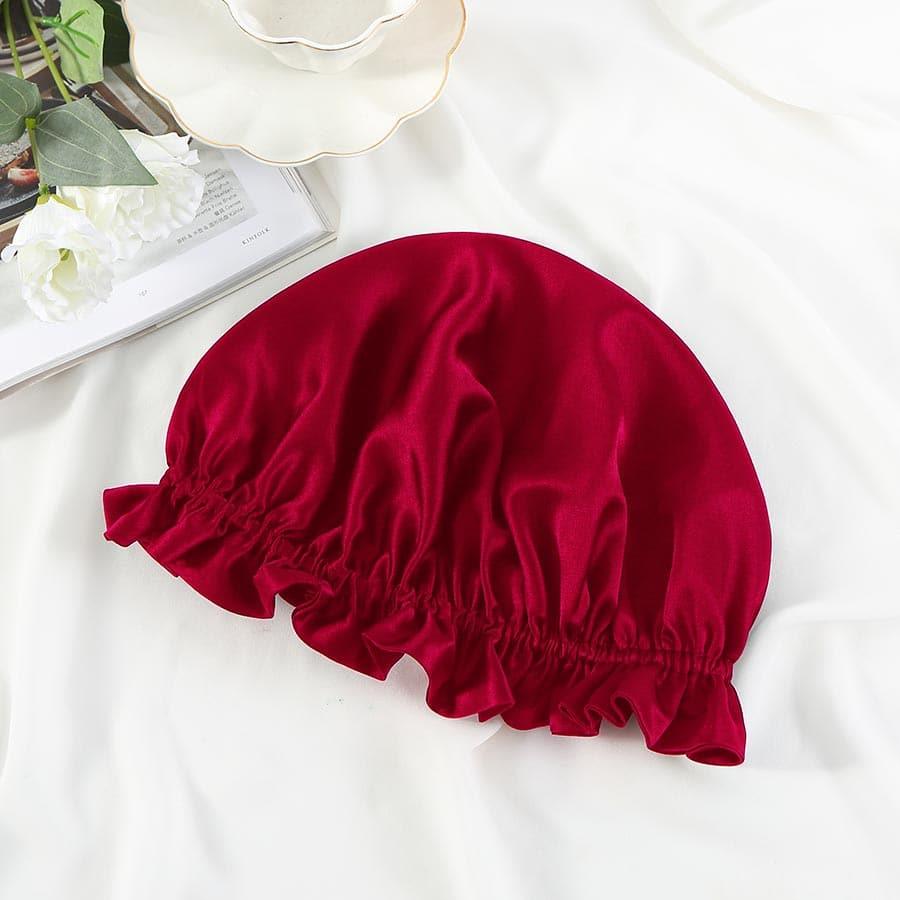 Flounced Silk Night Sleep Caps, Red