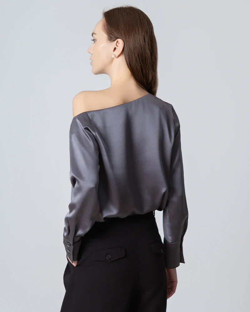 One-shoulder Long Sleeve Silk Blouse