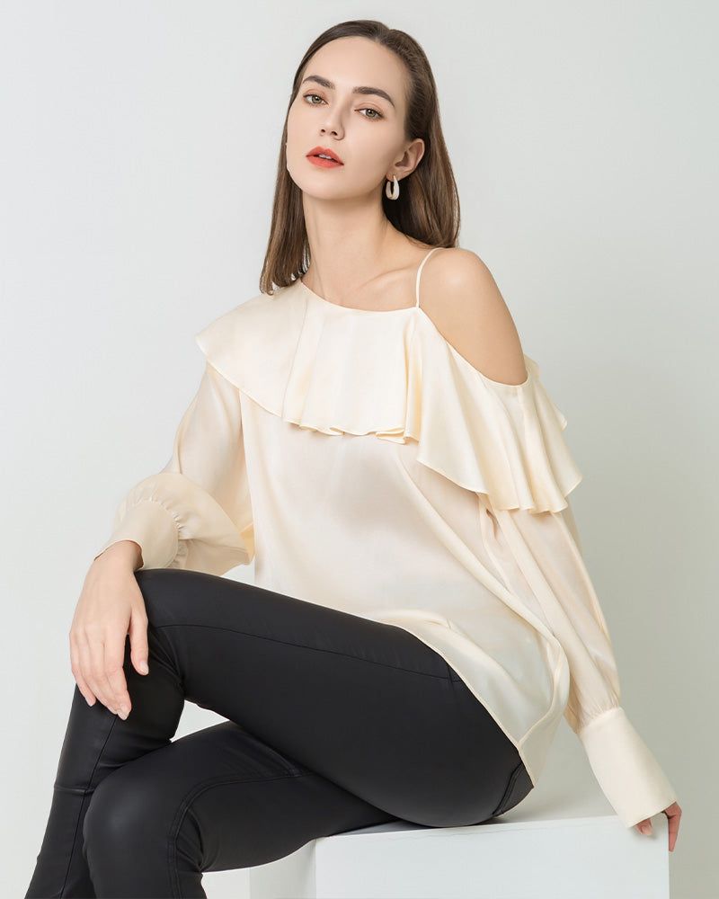 One-shoulder Ruffle Silk Shirt