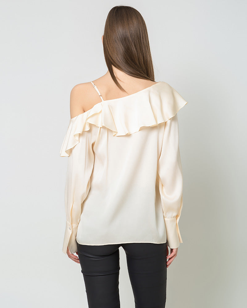 One-shoulder Ruffle Silk Shirt