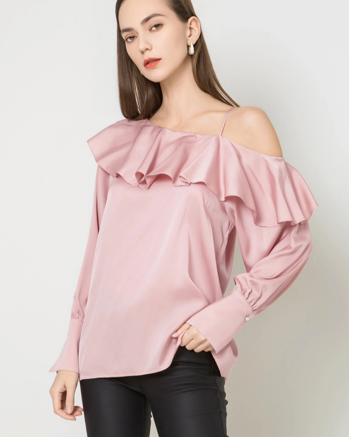 One-shoulder Ruffle Silk Shirt