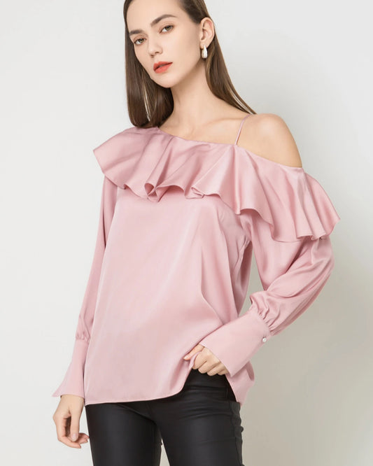 One-shoulder Ruffle Silk Shirt
