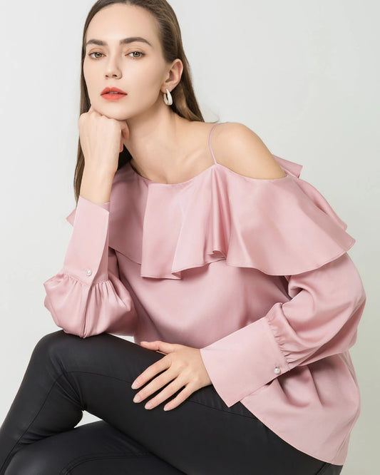 One-shoulder Ruffle Silk Shirt