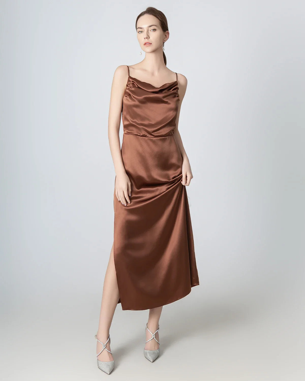 Pleated Cowl Neck Slit Maxi Silk Dress