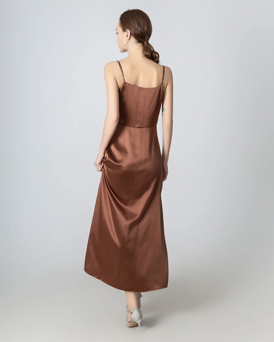 Pleated Cowl Neck Slit Maxi Silk Dress