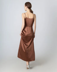 Pleated Cowl Neck Slit Maxi Silk Dress