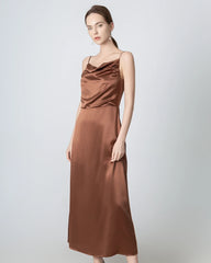Pleated Cowl Neck Slit Maxi Silk Dress