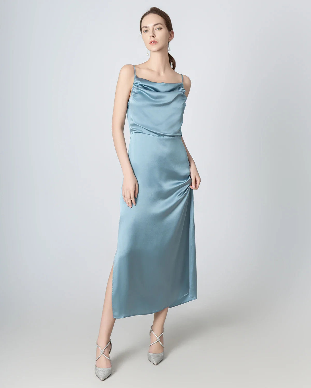 Pleated Cowl Neck Slit Maxi Silk Dress