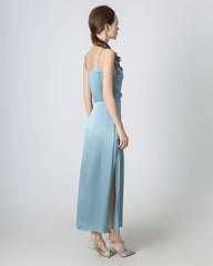 Pleated Cowl Neck Slit Maxi Silk Dress