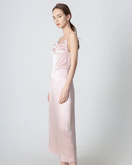 Pleated Cowl Neck Slit Maxi Silk Dress