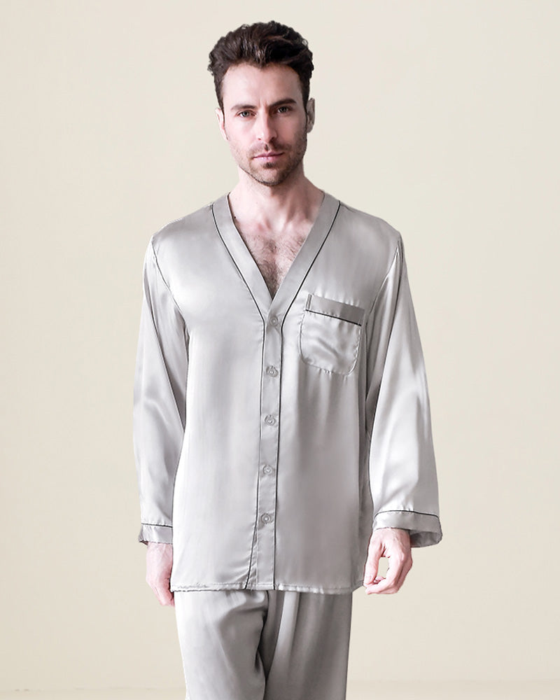 Pure Silk Men's V Neck Pajama Set