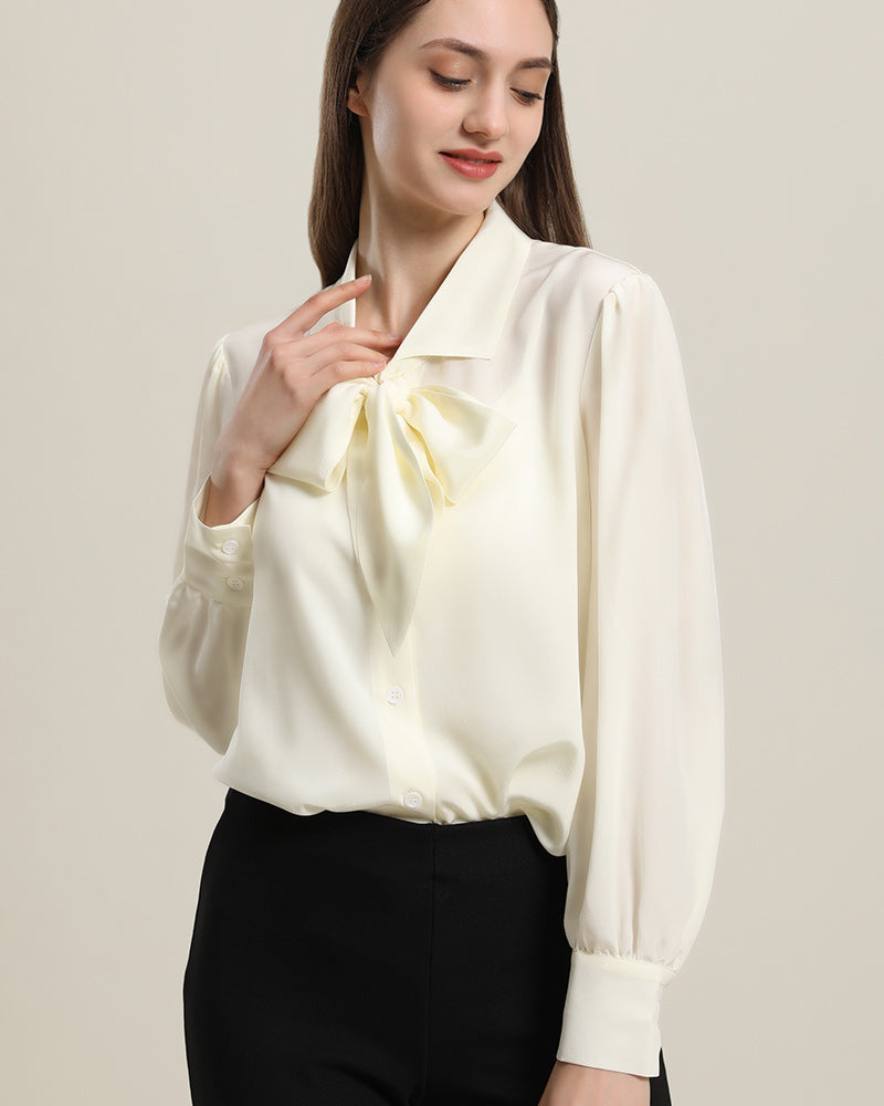 Collared Bow Tie Silk Blouse