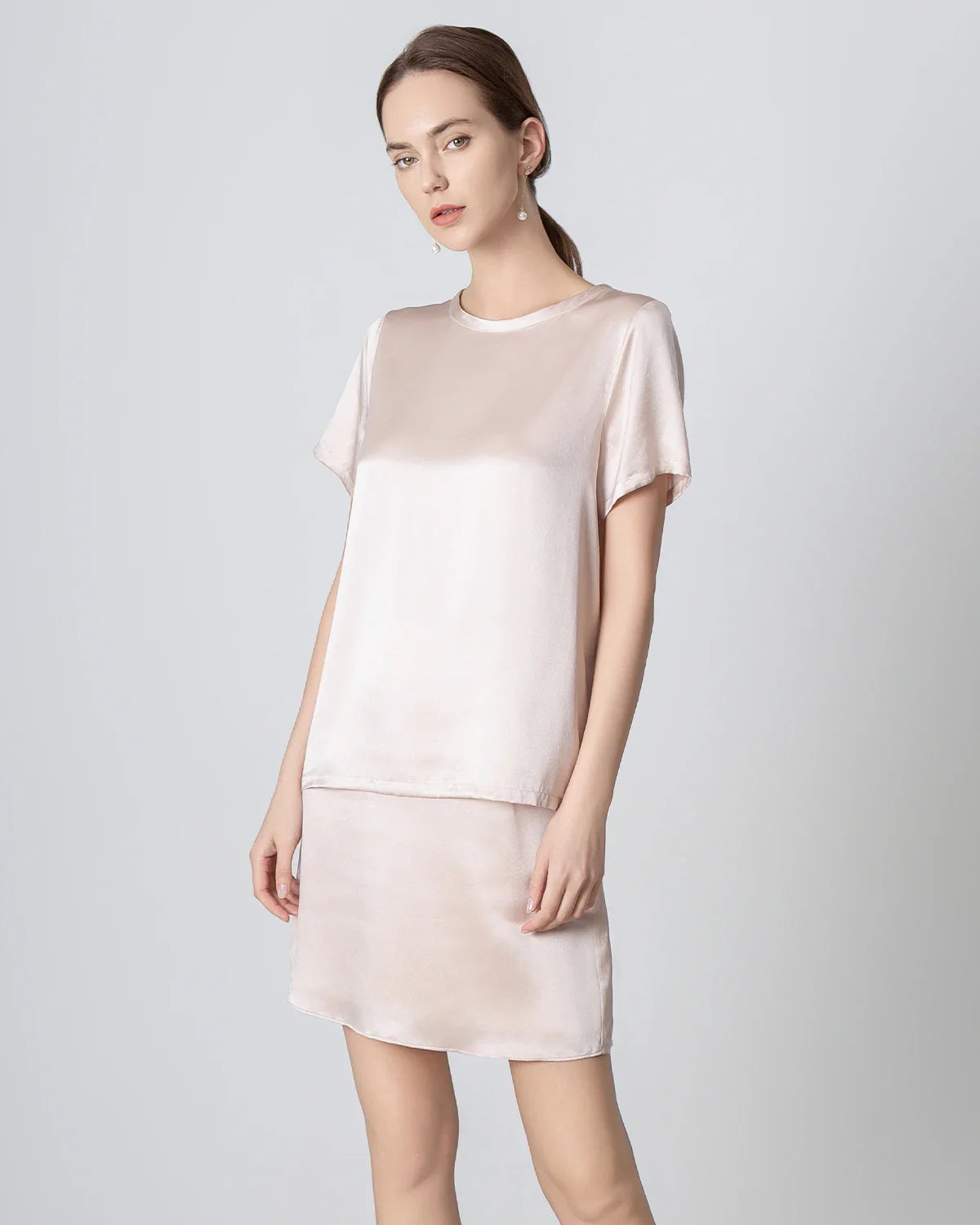 Short Sleeve Silk Shirt and Mini Skirt Set