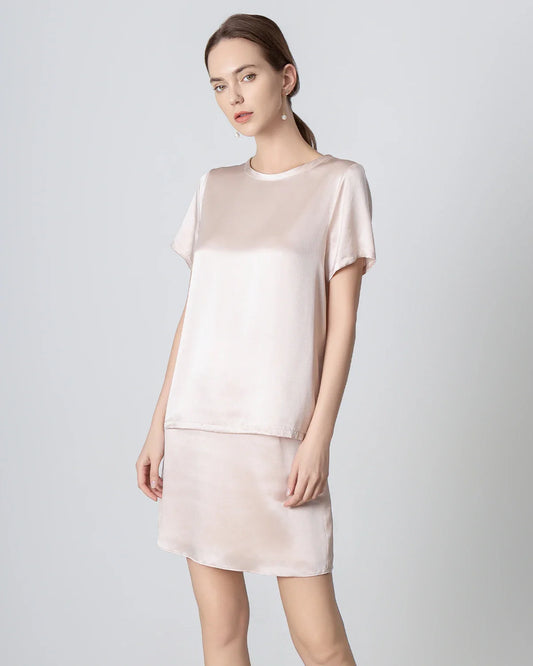 Short Sleeve Silk Shirt and Mini Skirt Set
