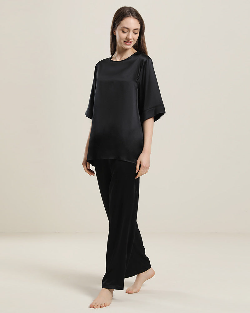 Round Neck Short-sleeve Silk Pajama Set