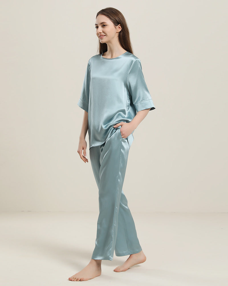 Round Neck Short-sleeve Silk Pajama Set