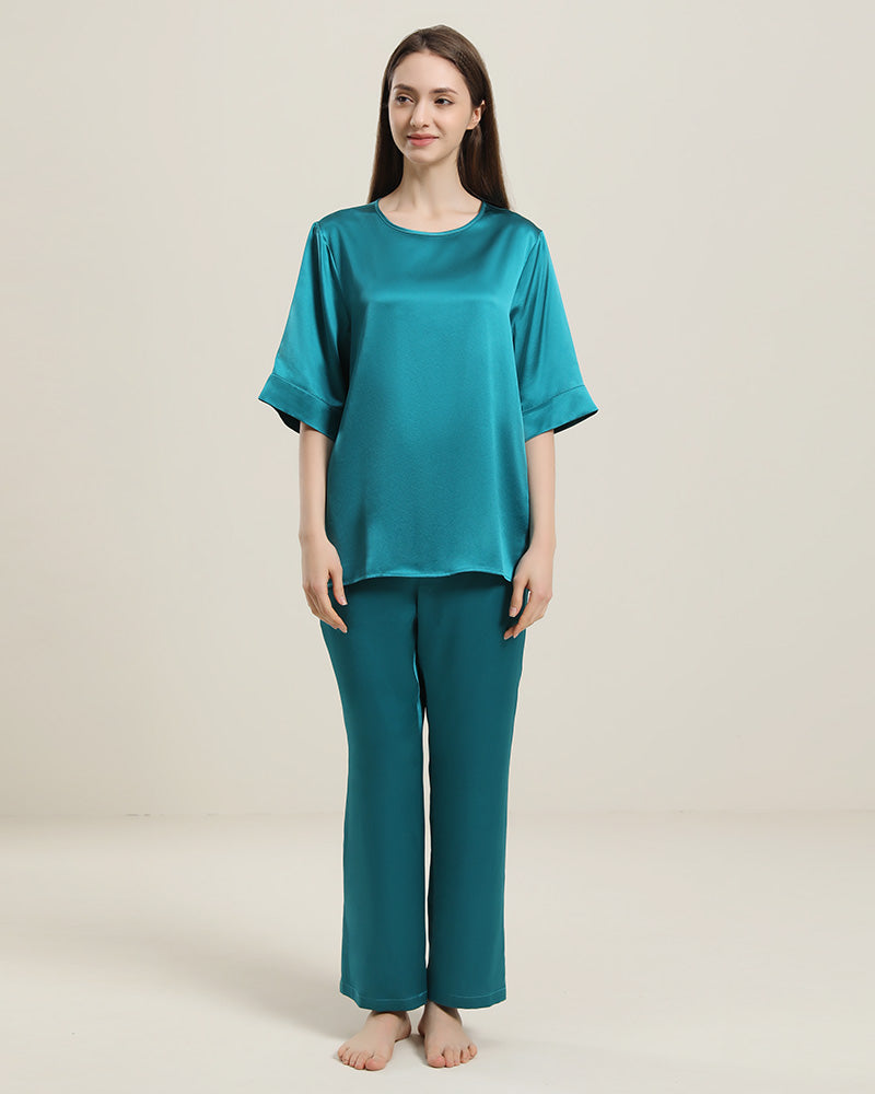 Round Neck Short-sleeve Silk Pajama Set