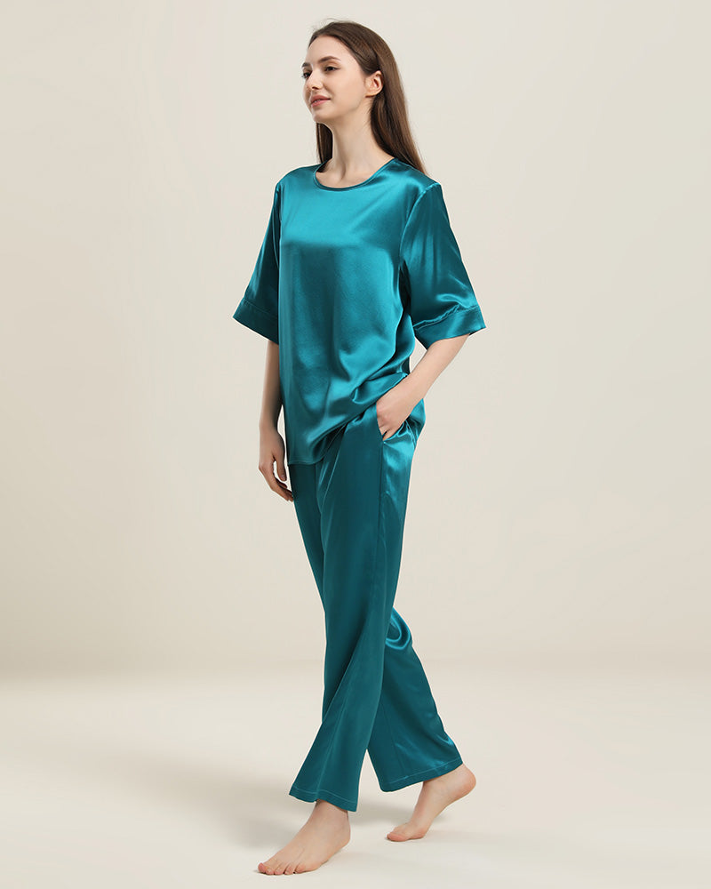 Round Neck Short-sleeve Silk Pajama Set