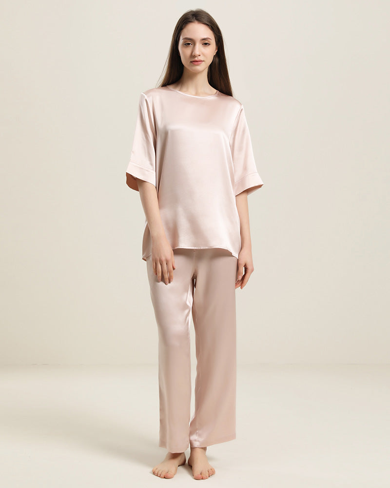 Round Neck Short-sleeve Silk Pajama Set