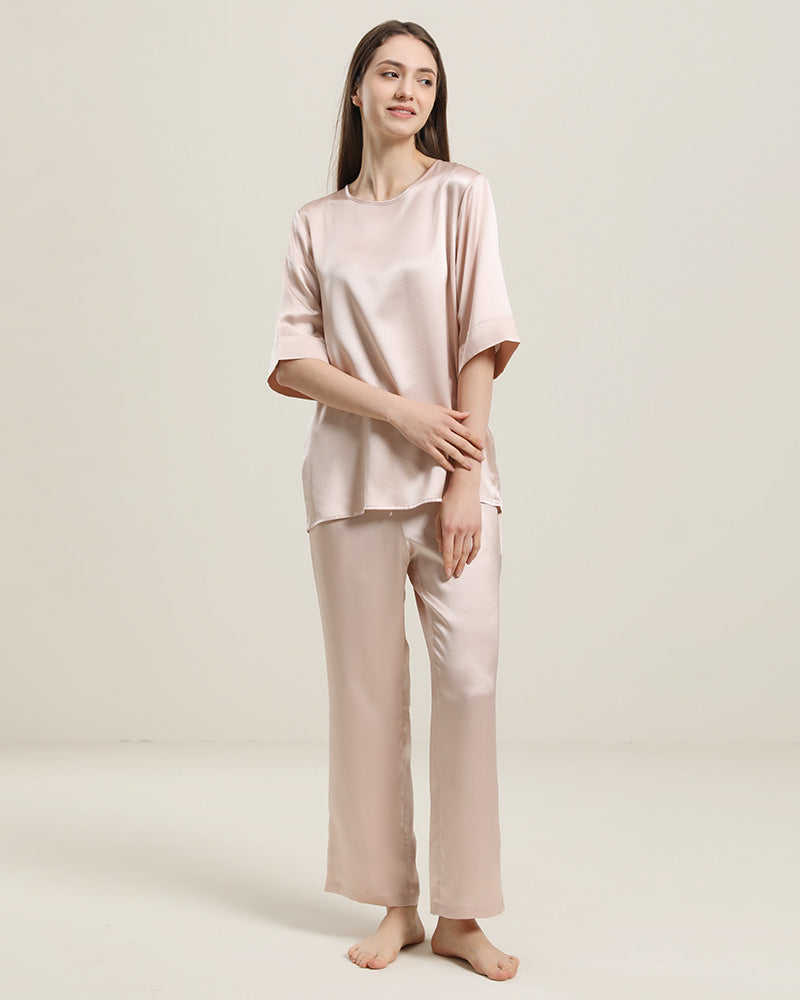 Round Neck Short-sleeve Silk Pajama Set