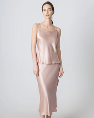 Round Neck Silk Camisole and Silk Midi Skirt Set