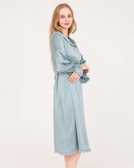 22 Momme Long-Sleeve Silk Dress with Lace Ruffled Cuffs
