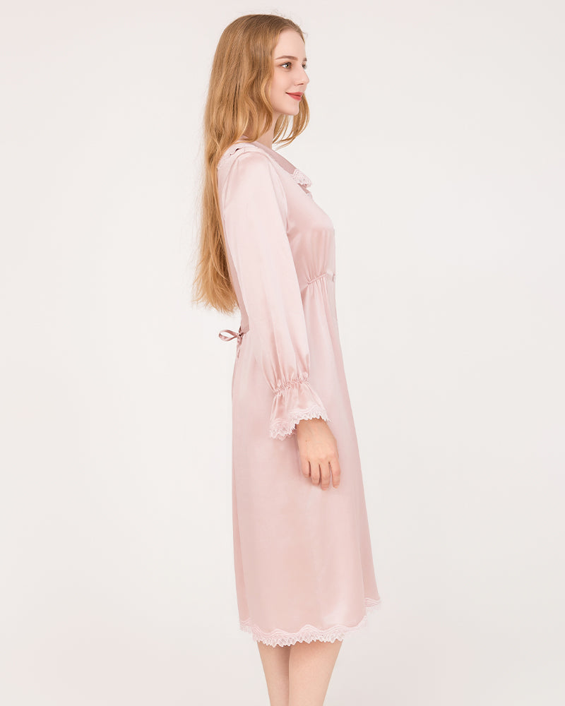 22 Momme Long-Sleeve Silk Dress with Lace Ruffled Cuffs