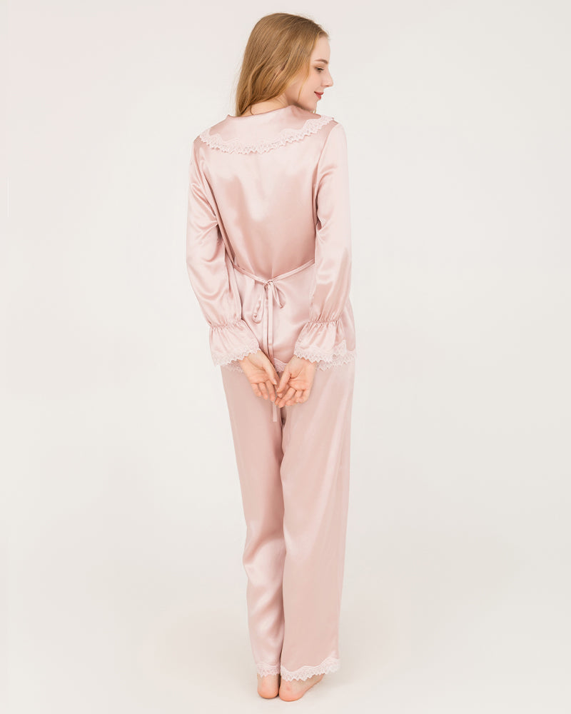 Silk Pajama Set with Lace Ruffled Cuffs