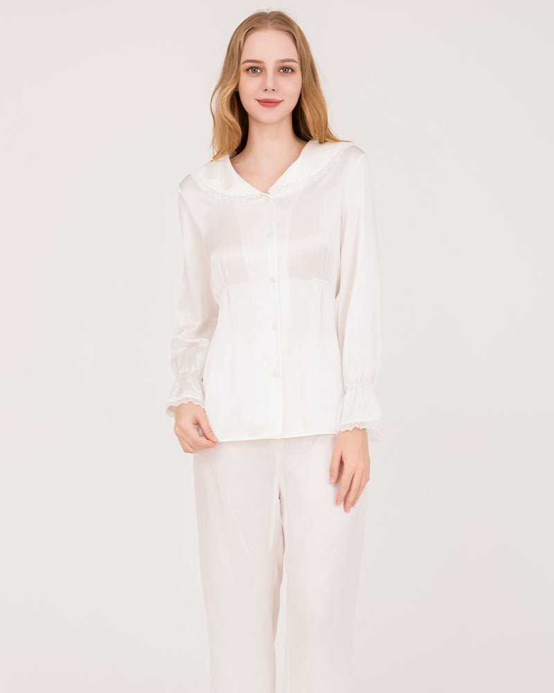 Silk Pajama Set with Lace Ruffled Cuffs