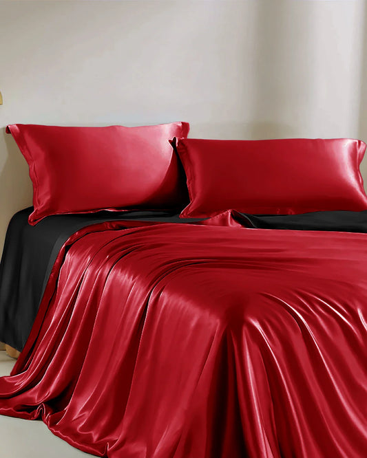 Double Color Silk Bedding Set 4PCS, Burgundy, Black
