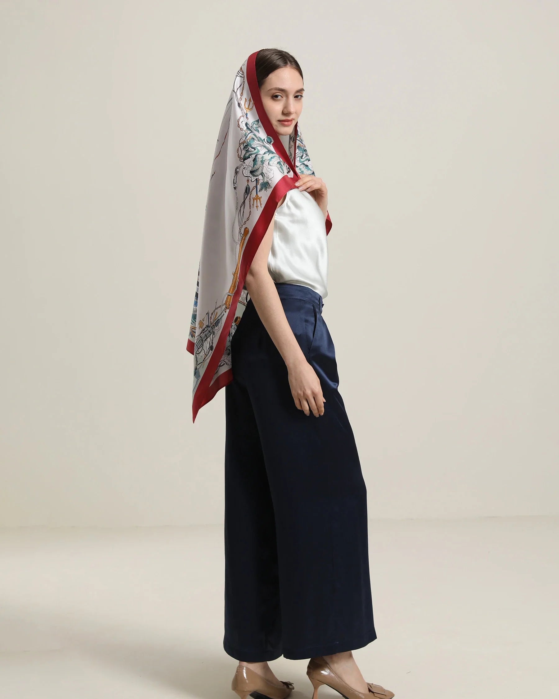 Silk Graceful Scarf with Boat Pattern