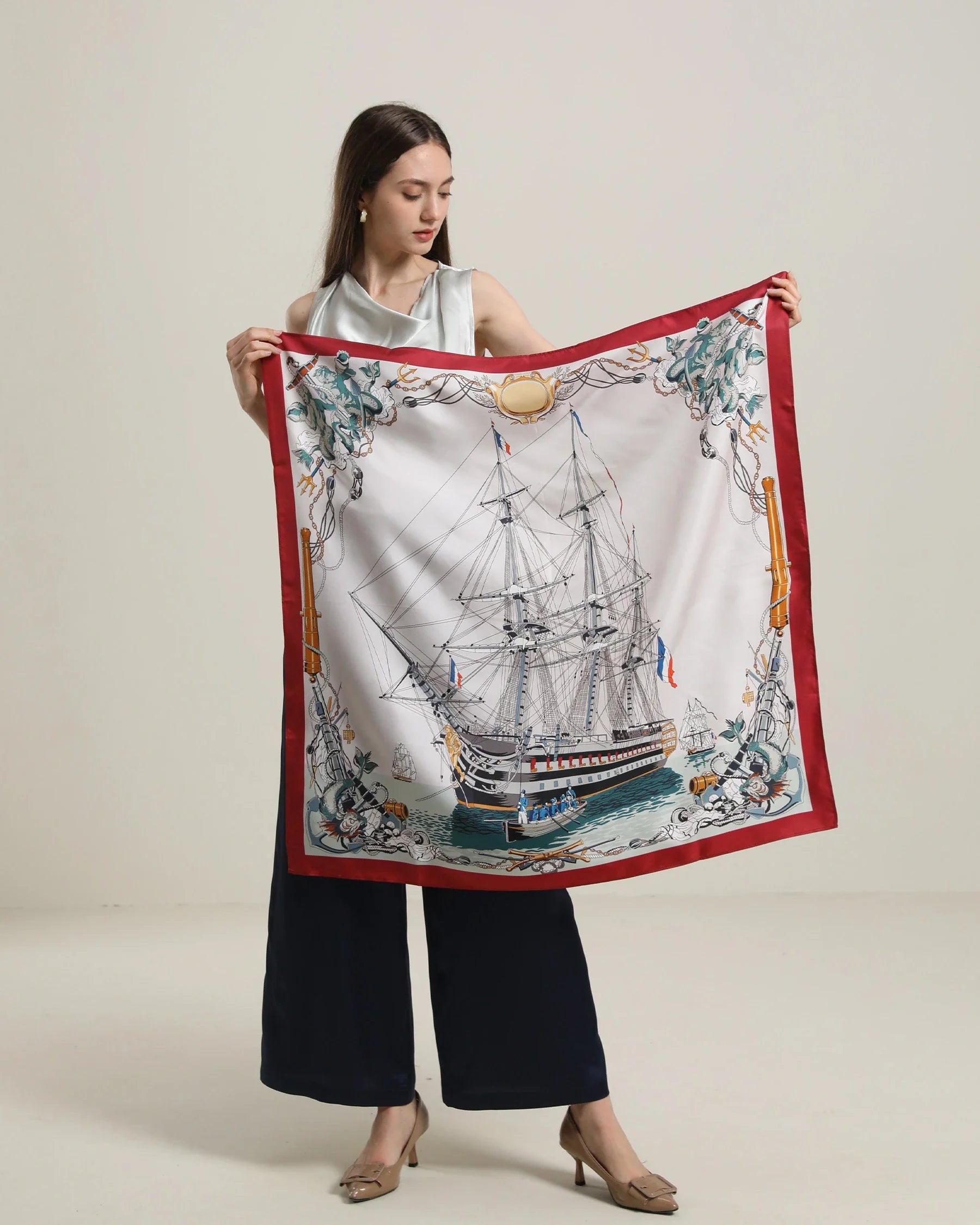 Silk Graceful Scarf with Boat Pattern