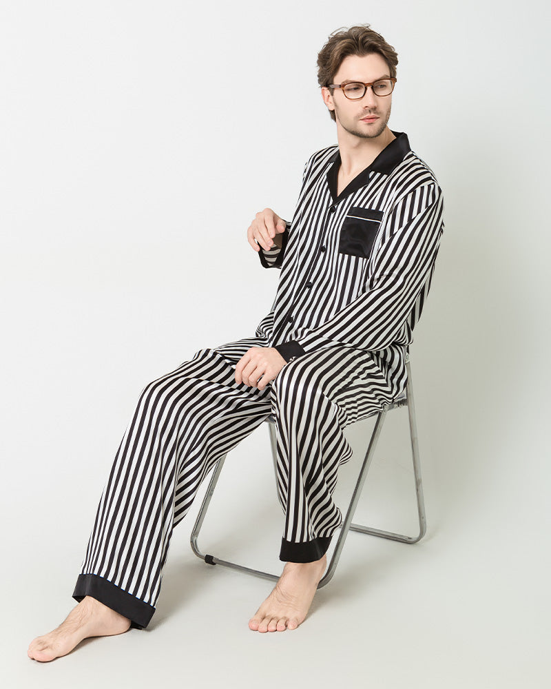 Silk Men's Black And White Striped Pajamas Set