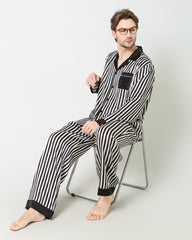 Silk Men's Black And White Striped Pajamas Set