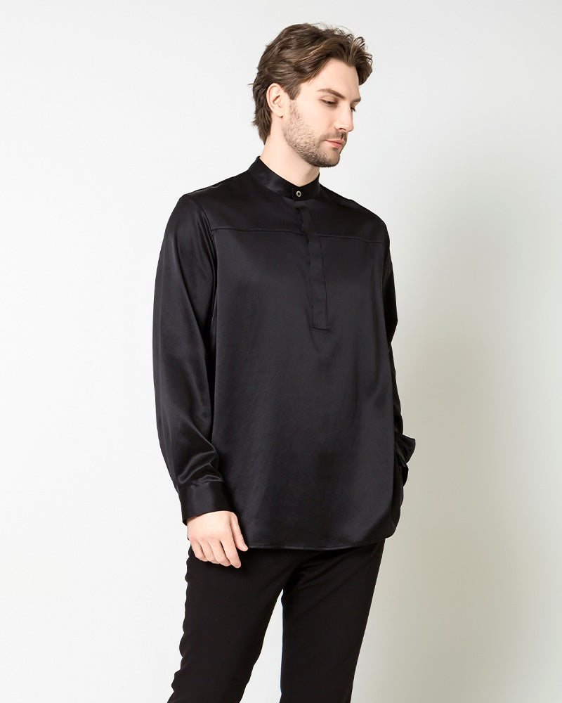 Silk Men's Casual Band Collar Shirt