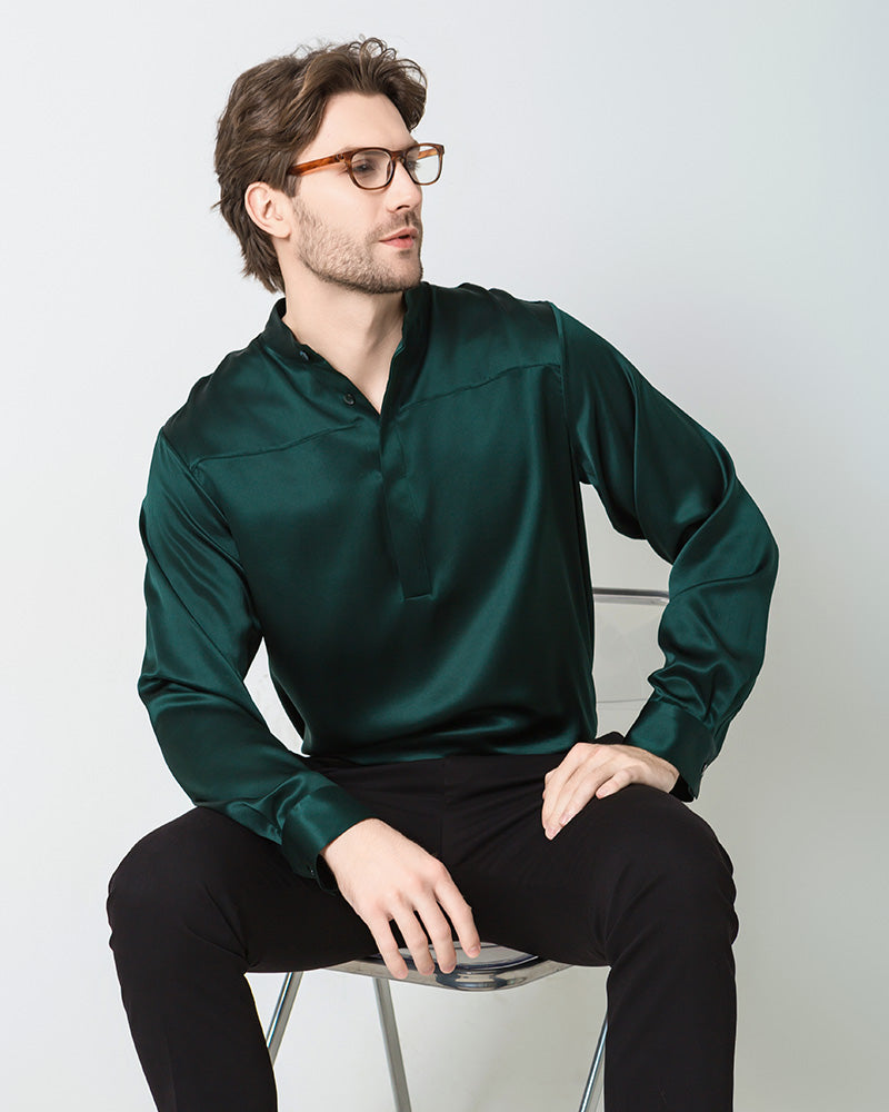 mens green silk dress shirt Men's Green Shiny Satin Silk Dress Shirt Long Sleeve Casual Slim Fit L