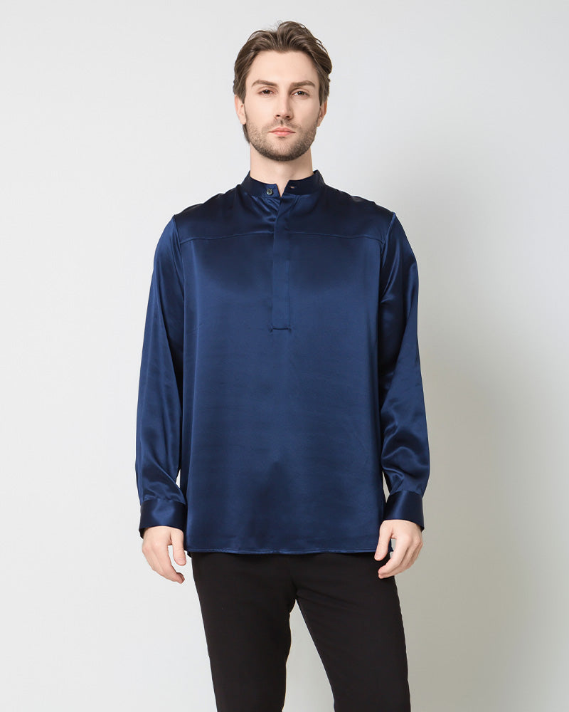 Silk Men's Casual Band Collar Shirt