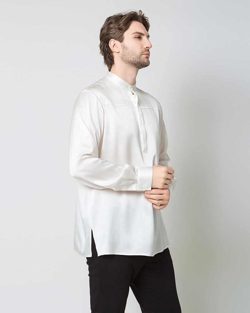 Silk Men's Casual Band Collar Shirt