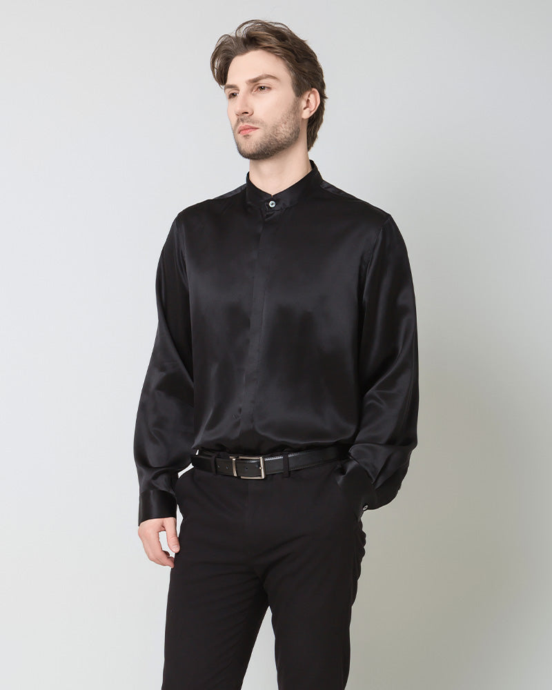 DaisySilk Mens Silk Shirt Long Sleeve Band Collar in Black or Navy Black / XS DaisySilk Mens Silk Shirt Long Sleeve Band Collar in Black or Navy Black / XS